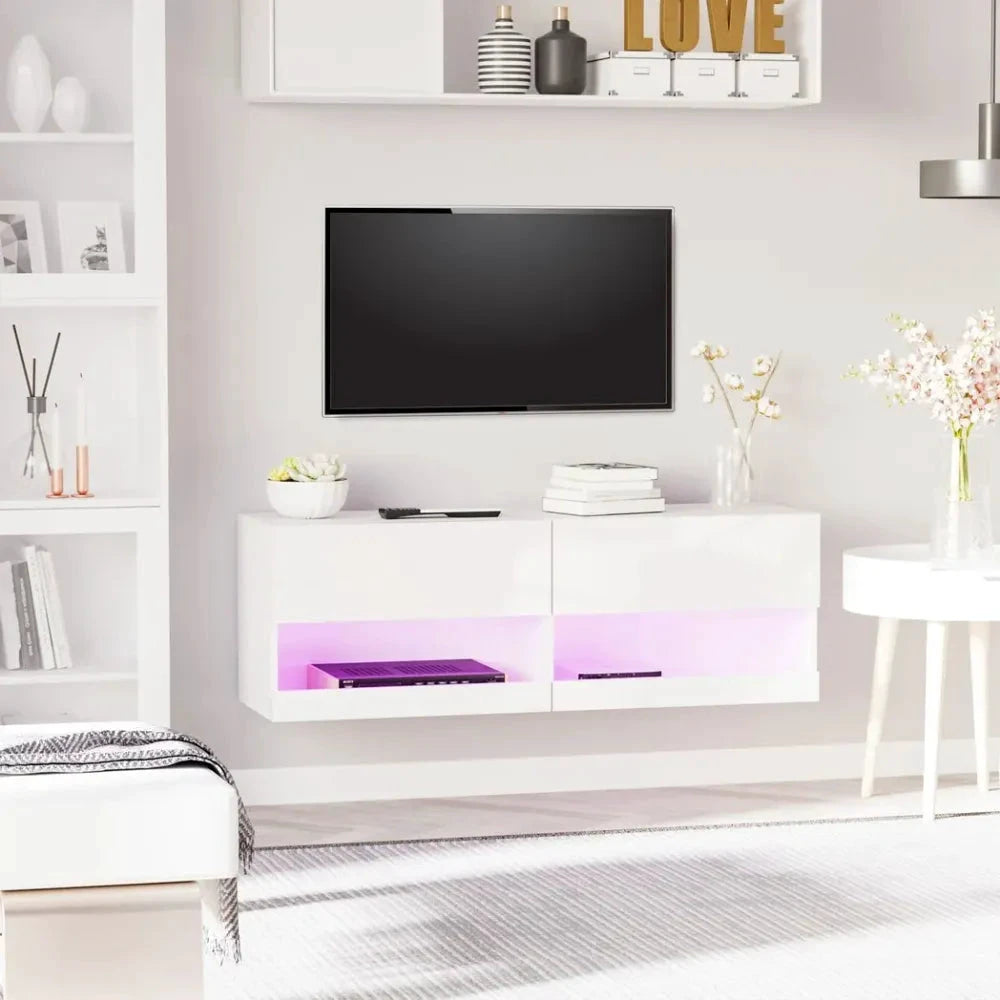 Wall Mount TV Stand Entertainment Center W/ LED Lights, Storage & Cable Holes