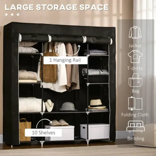 Unbranded Fabric Wardrobe Portable Wardrobe with 10 Shelves 1 Hanging Rail Black - Wardrobe
