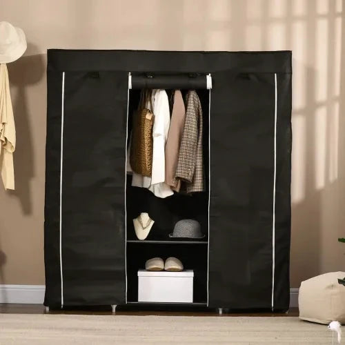 Unbranded Fabric Wardrobe Portable Wardrobe with 10 Shelves 1 Hanging Rail Black - Wardrobe
