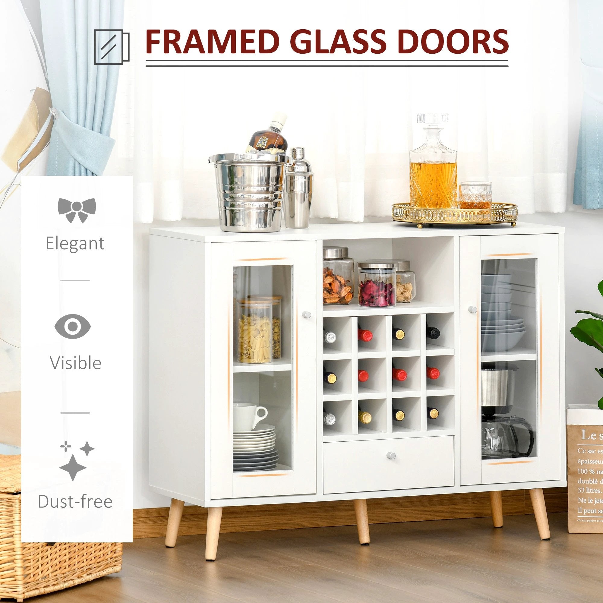 Sideboard Cabinet Kitchen Cupboard with Glass Doors, Drawer & Wine Rack - Wine Rack
