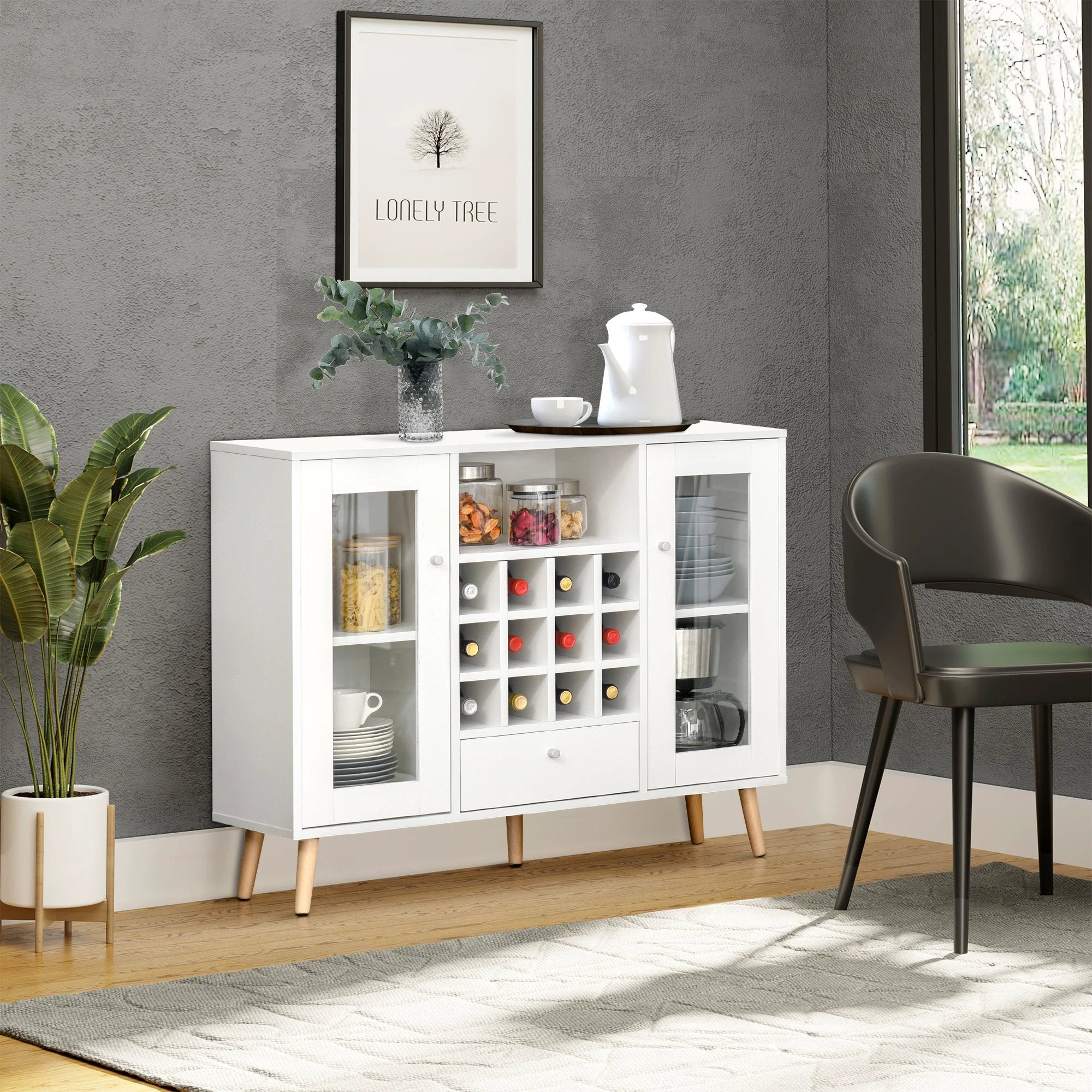 Sideboard Cabinet Kitchen Cupboard with Glass Doors, Drawer & Wine Rack