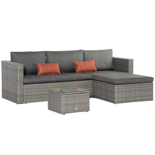 3 Pc PE Rattan Corner Sofa Set, w/ Tempered Glass Table-top & Soft Cushion Grey by Outsunny