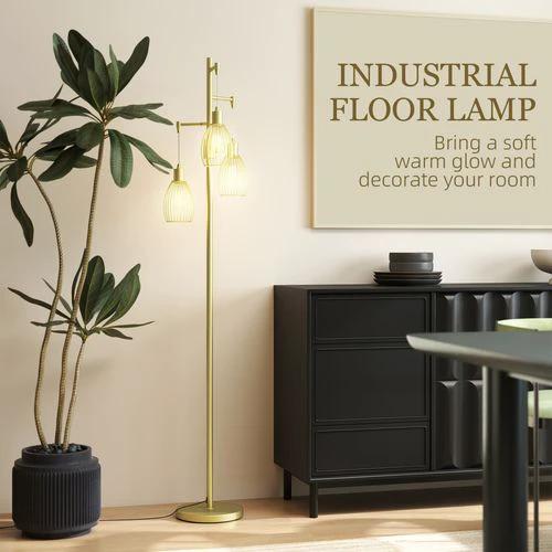HOMCOM HOMCOM Industrial 3-Light Floor Lamp Dimmable Standing Lamp, Gold - Lamp
