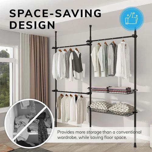 Double Telescopic Wardrobe Organiser with Adjustable Rail and Storage Baskets for Small Space Living by Direct Online Houseware