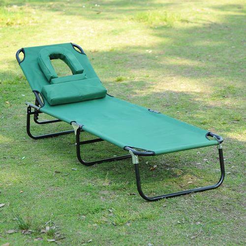 Outsunny Outsunny Folding Sun Lounger Reclining Chair with Pillow Reading Hole Dark Green - Sun Lounger