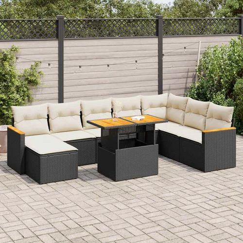 vidaXL vidaXL 9 Piece Garden Sofa Set with Cushions Black Poly Rattan Acacia - Garden Sofa Sets