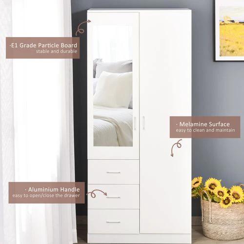 2-Door Wardrobe w/ Adjustable Shelf 3 Drawers for Bedroom, 180cm, White by Unbranded