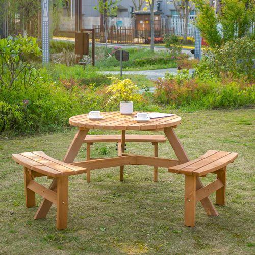 Outsunny Outsunny Round Table W/3 Attached Benches-Fir Wood - Garden Table