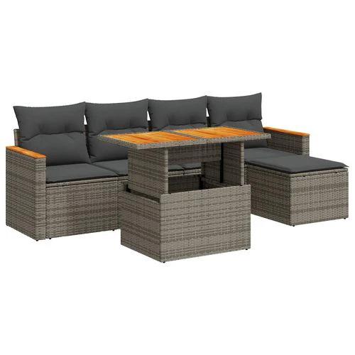 vidaXL vidaXL 6 Piece Garden Sofa Set with Cushions Grey Poly Rattan Acacia - Garden Sofa Sets