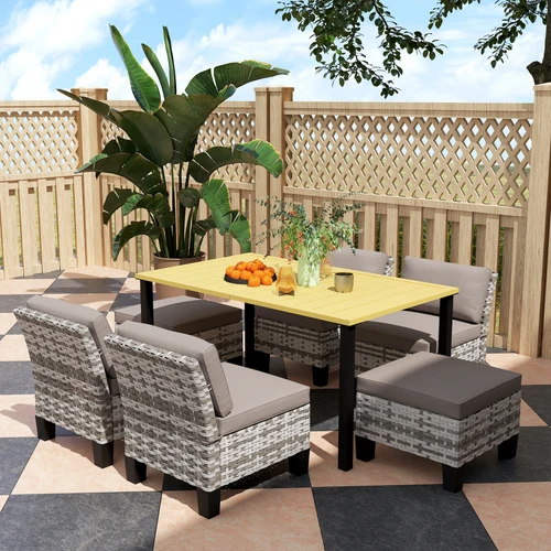 Outsunny Outsunny 7 Piece Rattan Garden Dining Set with Cushions and Umbrella Hole for Outdoor Gatherings - Garden Set