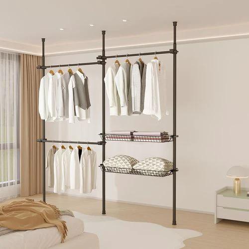 Double Telescopic Wardrobe Organiser with Adjustable Rail and Storage Baskets for Small Space Living by Direct Online Houseware
