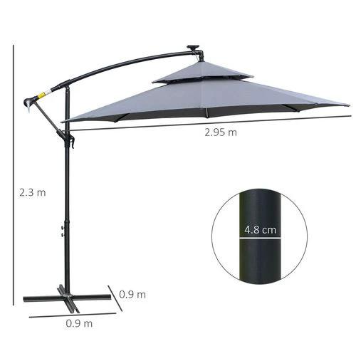 Outsunny 3(m) Cantilever Parasol Hanging Banana Umbrella w/ lights, Grey by Outsunny