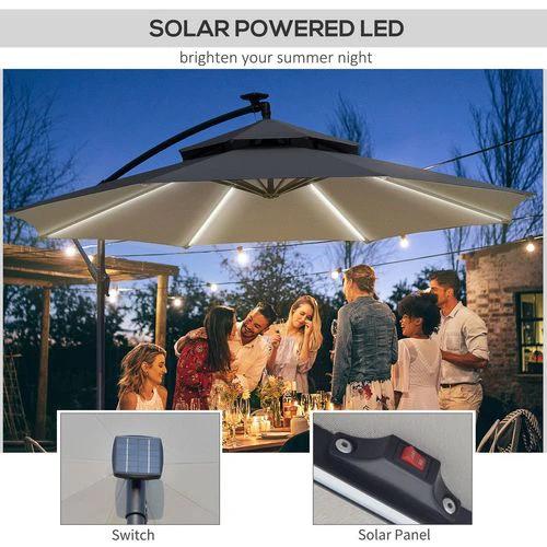 Outsunny 3(m) Cantilever Parasol Hanging Banana Umbrella w/ lights, Grey by Outsunny