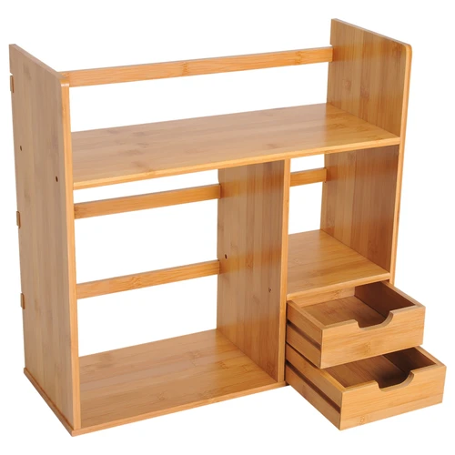 HOMCOM Bamboo Desktop Organizer with 180 Degree Rotation and Two Drawers for Office Storage Enthusiasts - Desk