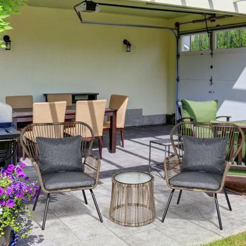 3 PCS Webbed PE Rattan Outdoor Patio Set w/ Cushions Steel Frame Grey Outsunny by Unbranded