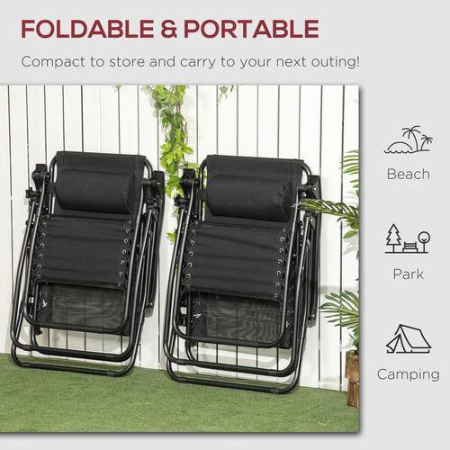 Outsunny Foldable Garden Recliner Chair Set of 2 w/ Footstool & Headrest, Black -
