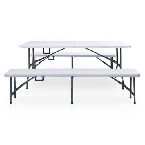 vidaXL Folding Garden Table with 2 Benches 180 cm Steel and HDPE White - Garden Table