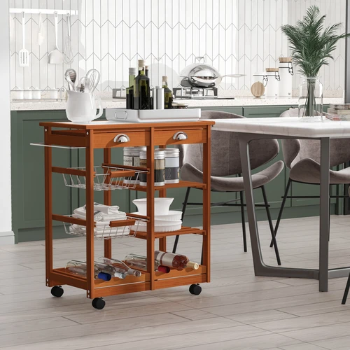 Pine Wood Kitchen Trolley with Tile Top and 6-Bottle Wine Rack for Efficient Home Organization by HOMCOM