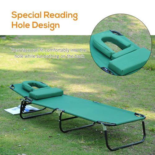 Outsunny Folding Sun Lounger Reclining Chair with Pillow Reading Hole Dark Green by Outsunny