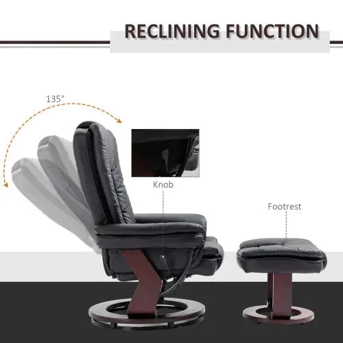Unbranded Swivel Manual Recliner and Footrest Set PU Lounge Chair Wood Base, Black - Recliner