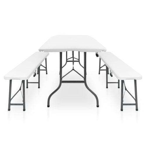 vidaXL Folding Garden Table with 2 Benches 180 cm Steel and HDPE White - Garden Table