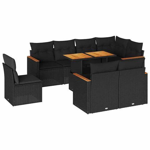 vidaXL 9 Piece Garden Sofa Set with Cushions Black Poly Rattan Acacia by vidaXL