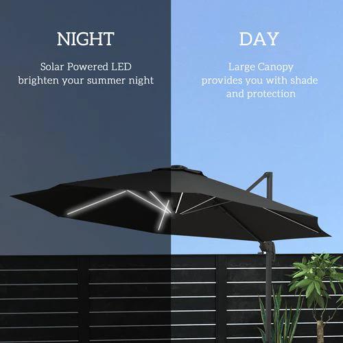 Outsunny Outsunny 3(m) Solar LED Cantilever Parasol Adjustable Garden Umbrella Dark Grey - Parasol