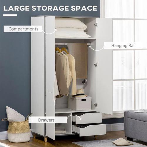 HOMCOM Wardrobe with Drawers, Shelves, Hanging Rail, Bedroom Clothes Organizer, White - Wardrobe