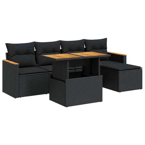 vidaXL 6 Piece Garden Sofa Set with Cushions Black Poly Rattan Acacia by vidaXL