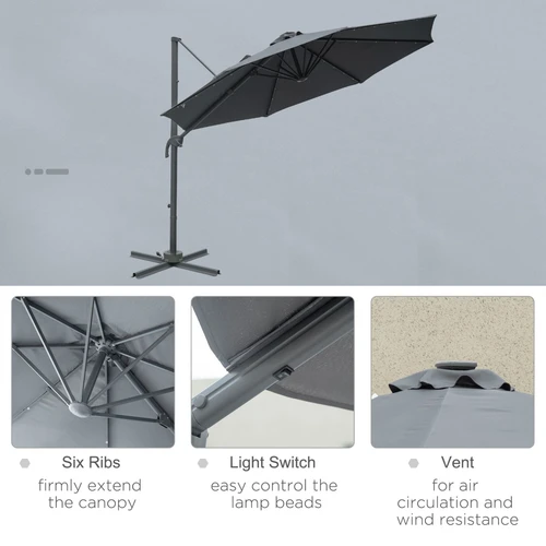 3m Cantilever Patio Umbrella with Solar Powered LED Lights for Outdoor Entertaining by Outsunny