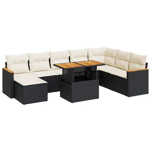 vidaXL vidaXL 9 Piece Garden Sofa Set with Cushions Black Poly Rattan Acacia - Garden Sofa Sets