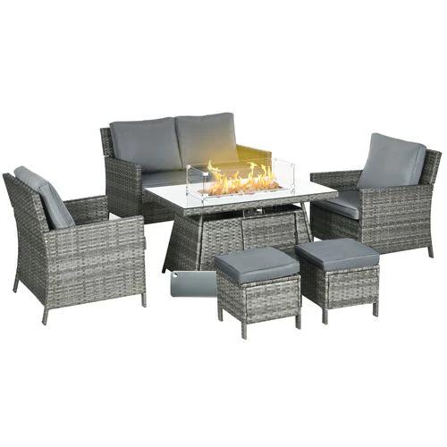 Outsunny Outsunny Rattan Garden Furniture Sofa Set Armchairs Footstools Fire Pit Table - Garden Sofa Sets
