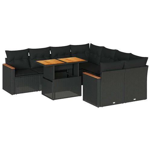 vidaXL vidaXL 9 Piece Garden Sofa Set with Cushions Black Poly Rattan Acacia - Garden Sofa Sets