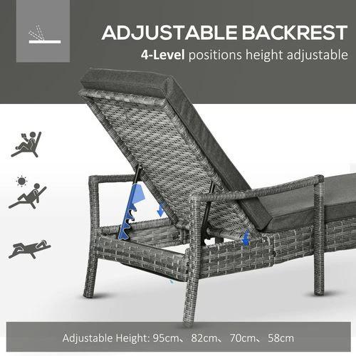 Rattan Single Sun Lounger Reclining Chair 4 Adjustable Backrest & Cushion Grey by Outsunny