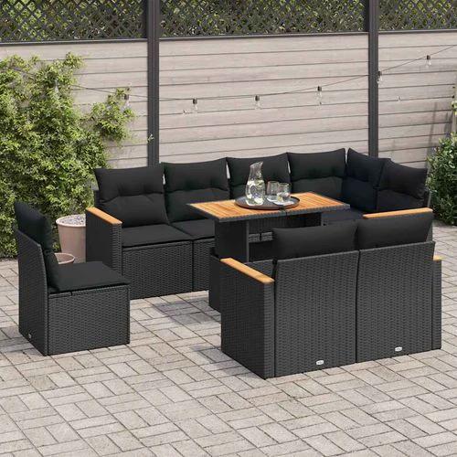 vidaXL 9 Piece Garden Sofa Set with Cushions Black Poly Rattan Acacia by vidaXL