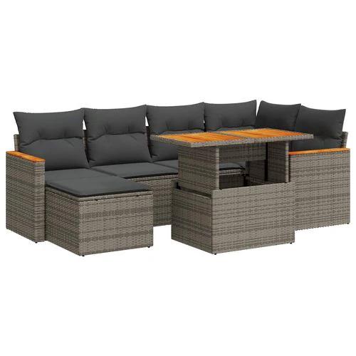 vidaXL vidaXL 7 Piece Garden Sofa Set with Cushions Grey Poly Rattan Acacia - Garden Sofa Sets