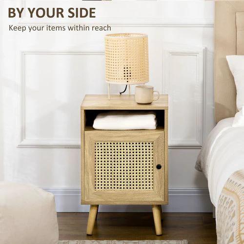 HOMCOM Nightstand, Rattan Bedside Table, Sofa Side Table w/ Cabinet, Shelf by HOMCOM