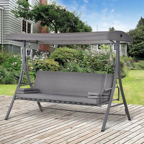 2-in-1 Swing Chair 3 Seater Bench Hammock Bed Adjustable Canopy Pillow, Grey by Outsunny