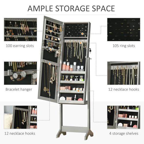 Mirrored Jewellery Cabinet Lockable Jewellery Organiser Grey