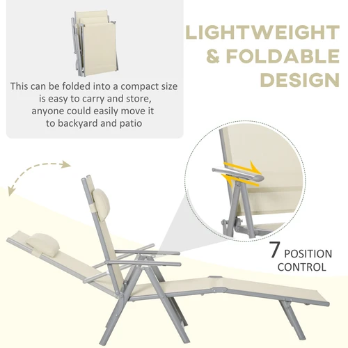 Beige Folding Chaise Lounge Chair with Seven Adjustable Backrest for Outdoor Relaxation by Outsunny