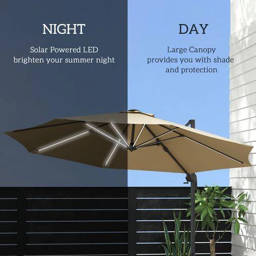 Outsunny 3(m) Solar LED Cantilever Parasol Adjustable Garden Umbrella Khaki by Outsunny