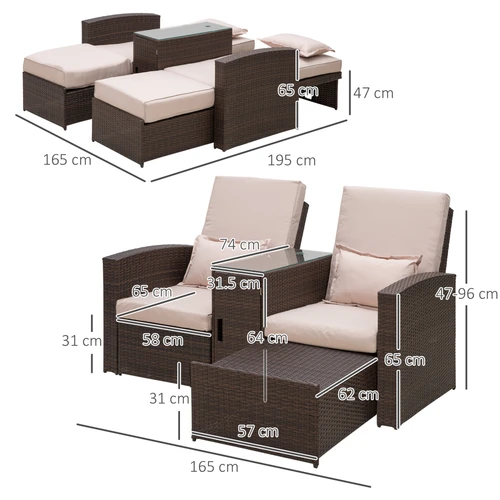 Outsunny Premium Double Rattan Sun Lounger Sofa Set 195cm with Thick Cushions for Outdoor Relaxation - Sun Lounger