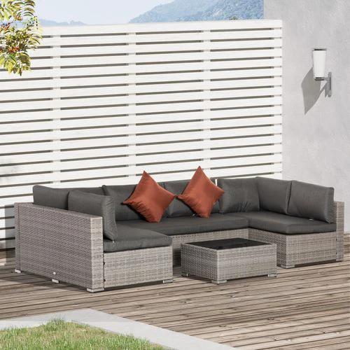 Outsunny 6-Seater Patio PE Rattan Sofa Set, w/ Tempered Glass Coffee Table Grey - Garden Sofa Sets