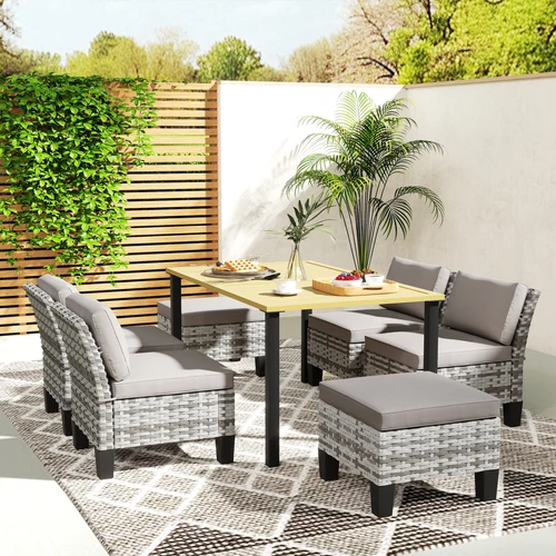 Outsunny Outsunny 7 Piece Rattan Garden Dining Set with Cushions and Umbrella Hole for Outdoor Gatherings - Garden Set