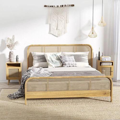 HOMCOM Nightstand, Rattan Bedside Table, Sofa Side Table w/ Cabinet, Shelf by HOMCOM