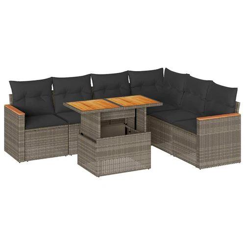 vidaXL 7 Piece Garden Sofa Set with Cushions Grey Poly Rattan Acacia by vidaXL