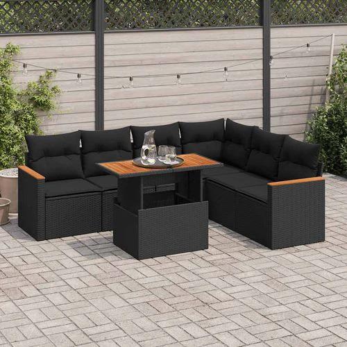 vidaXL 7 Piece Garden Sofa Set with Cushions Black Poly Rattan Acacia by vidaXL