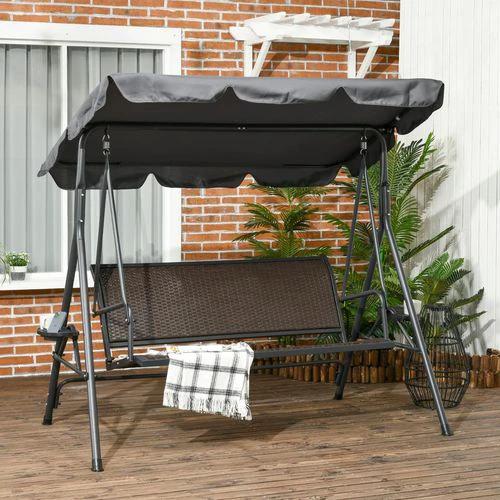 Outsunny Outsunny 3 Seater Garden Swing Seat Bench with Adjustable Canopy, Rattan Seat - Hammocks