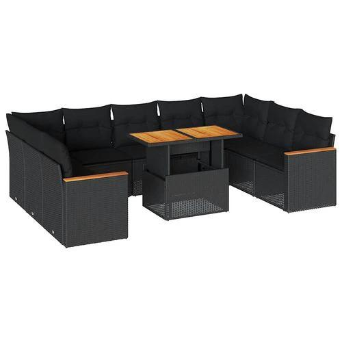 vidaXL vidaXL 10 Piece Garden Sofa Set with Cushions Black Poly Rattan Acacia - Garden Sofa Sets