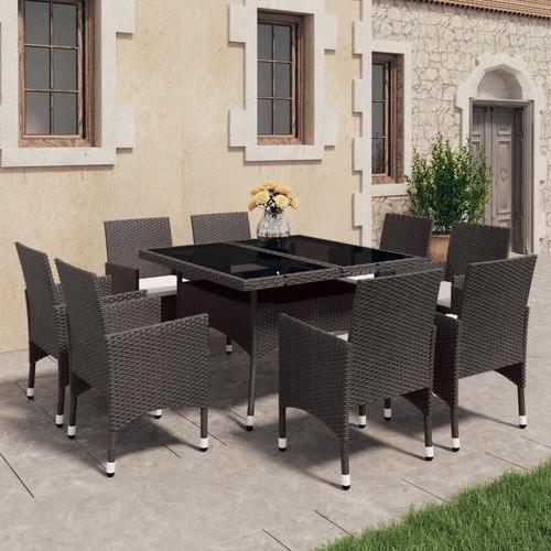 vidaXL 9 Piece Garden Dining Set Poly Rattan and Tempered Glass Brown - Garden Set